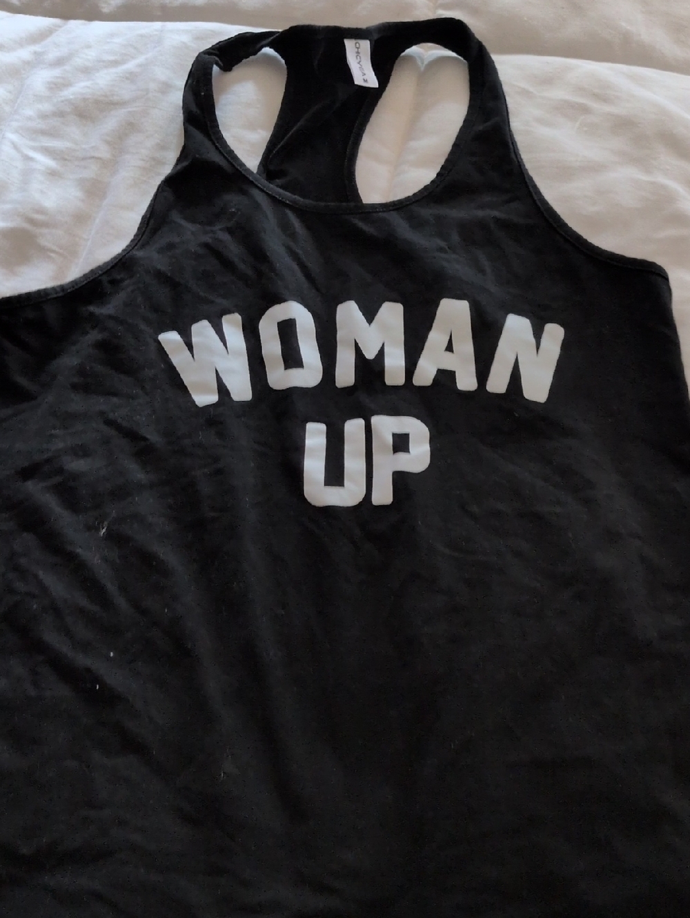 Black "WOMAN UP" Racerback Tank Top. Medium